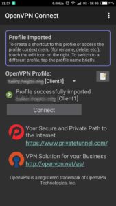 OVPN profile has been successfully imported