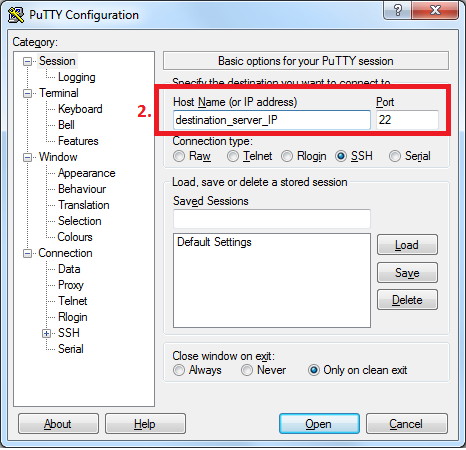 2. Add the Host Name (or IP address) of your server, and the SSH Port (typically 22)